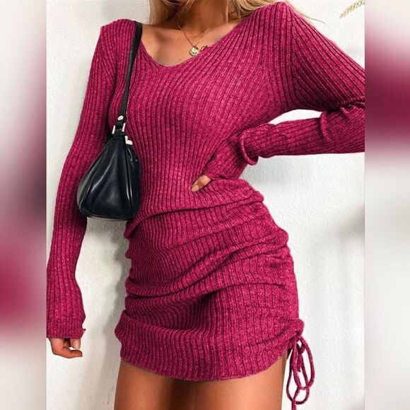 six eight ten Dresses & Skirts - Casual Ruched Sweater Dress Ribbed Knit Drawstring Bodycon Hot Pink size Lg